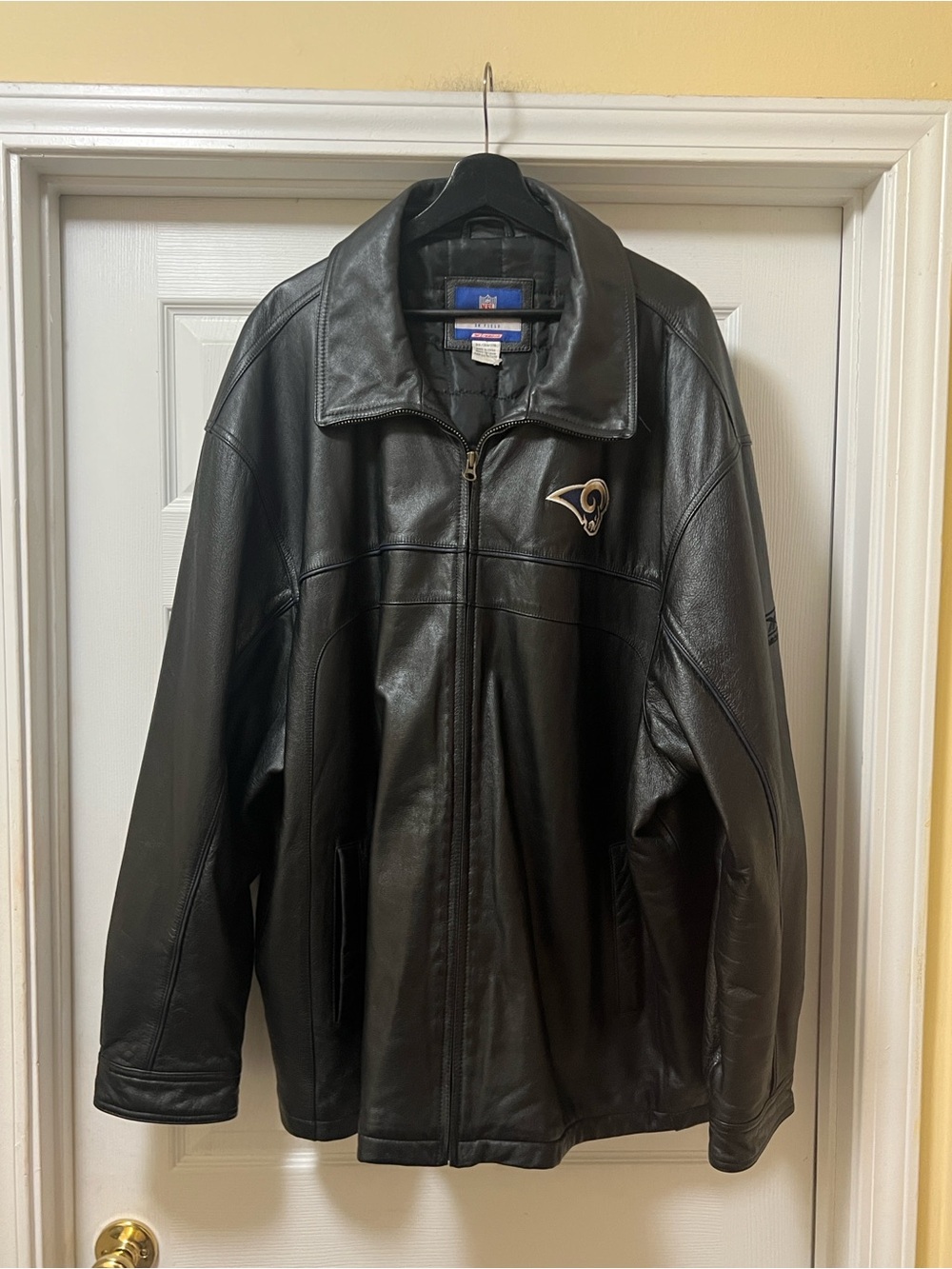 Reebok Black Leather Bomber Jacket with Team Patch